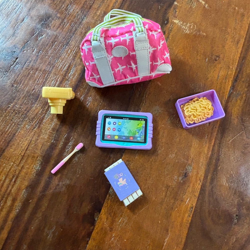 Our Generation Doll Travel Accessory Set Pink Airplane Bag Tablet Camera Food